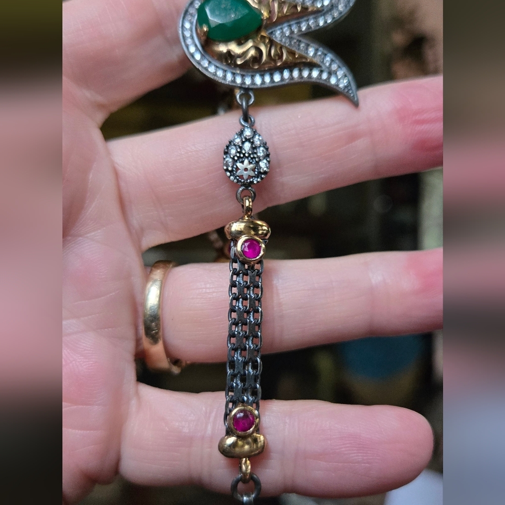 Emerald Ruby & Topaz sterling rhodium & gold Turkish style bracelet NEW - Picture 4 of 13